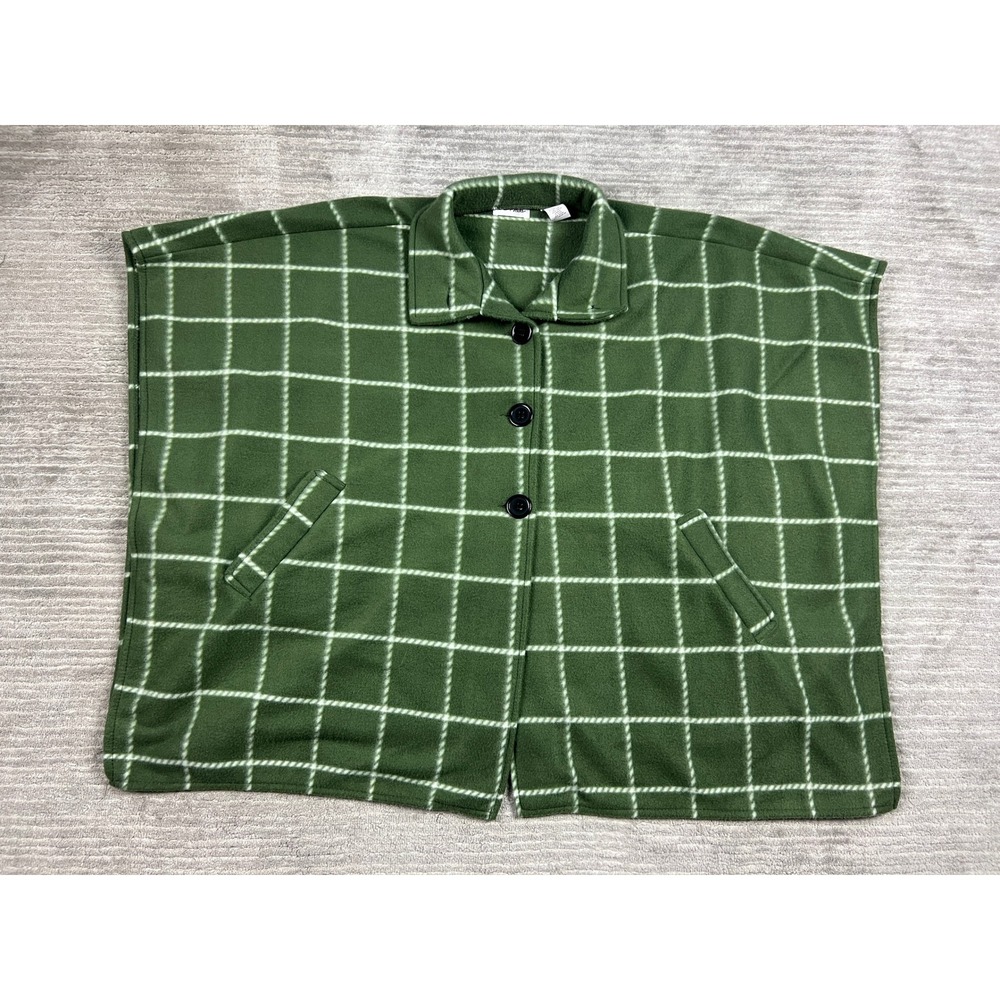 Le Moda Poncho Womens OS Green Plaid Button Front Fleece Cape LDS-62 Pockets
